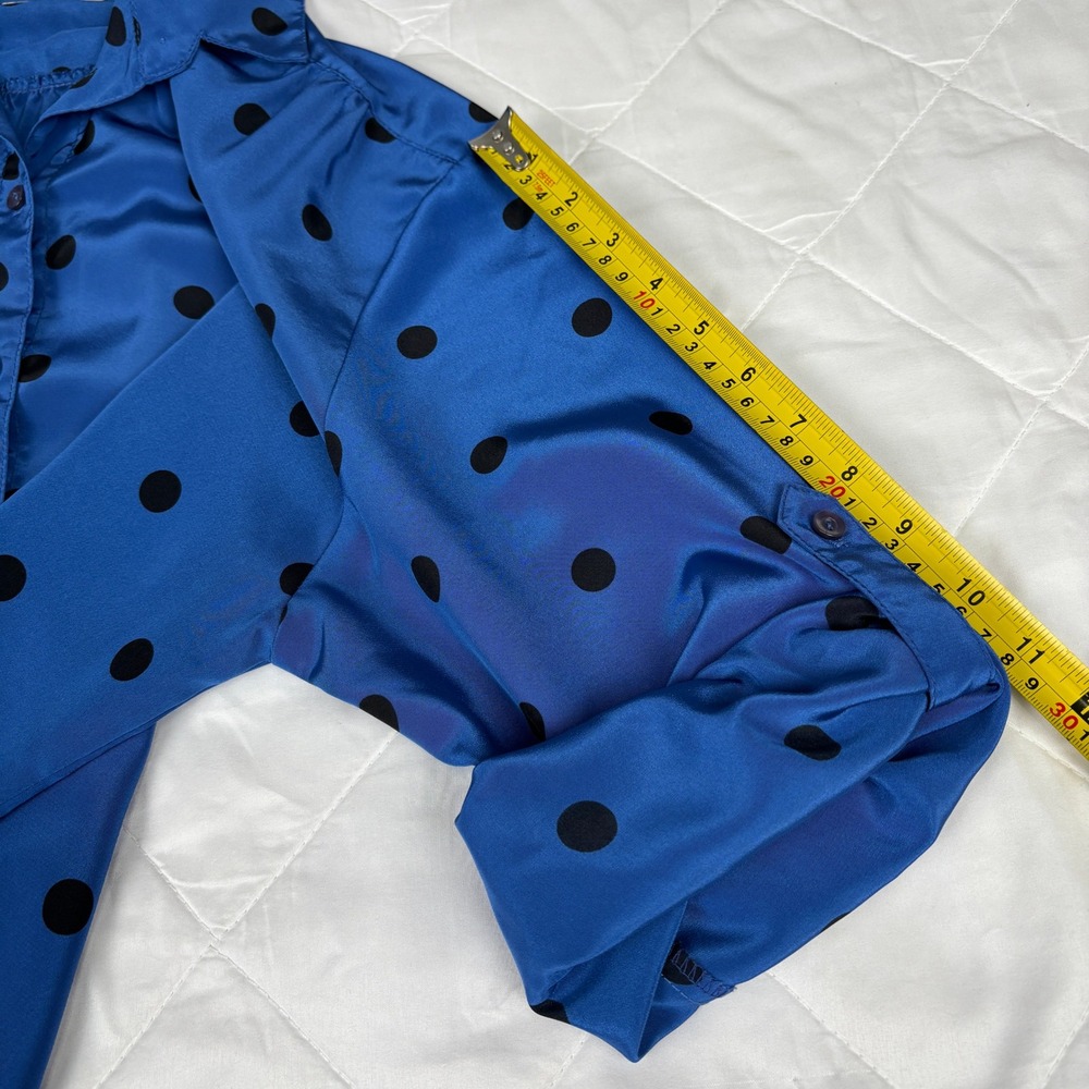 Blue Black Polka Dot Button Front Tunic Blouse Long Sleeve Roll Tab XL - Picture 8 of 12